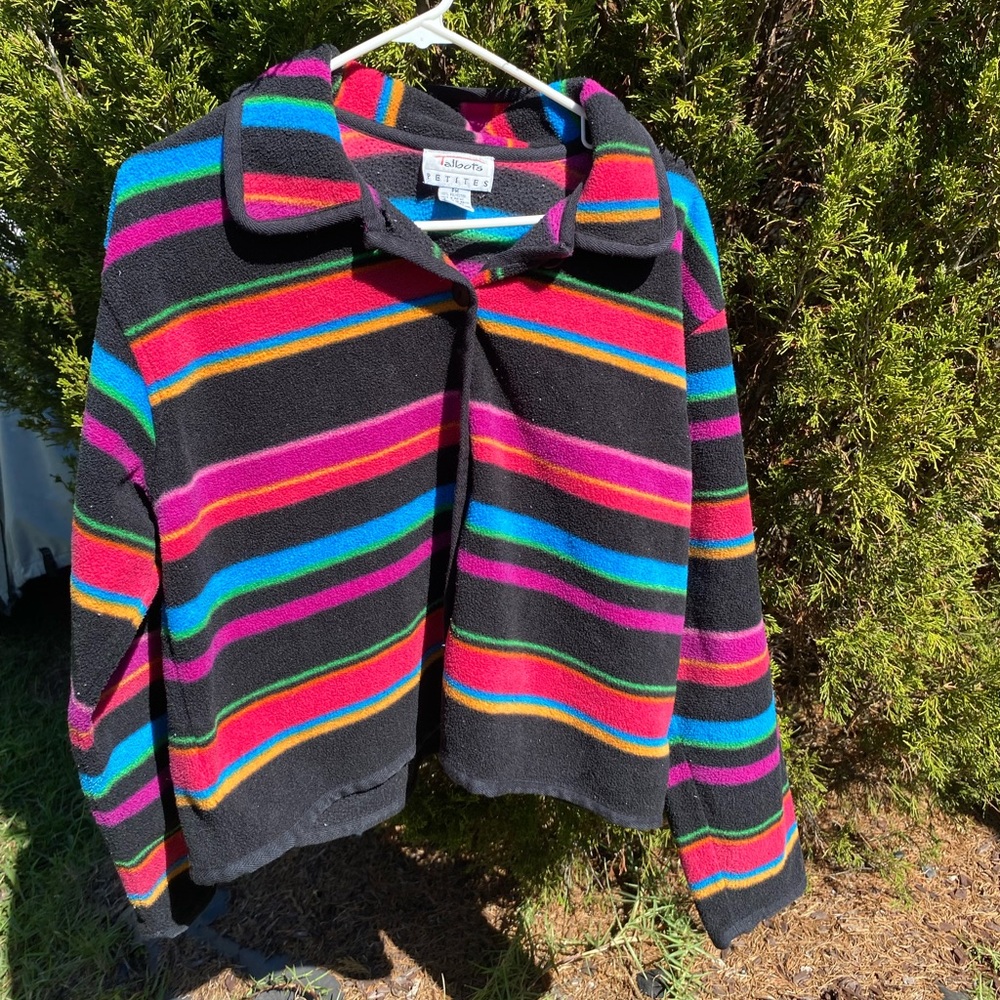 Talbots Petite Medium Button Up Sweater/Jacket Black & Rainbow Stripes Y2K